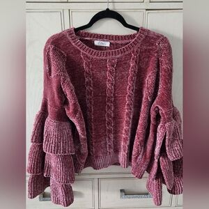 Elan Dark Pink Chenille Sweater with Tiered Sleeves